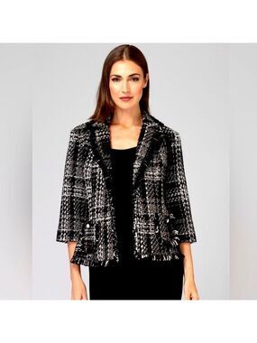 JOSEPH RIBKOFF Unlined Black & White Tweed Blazer Fringe Detail Open Front Sz 14